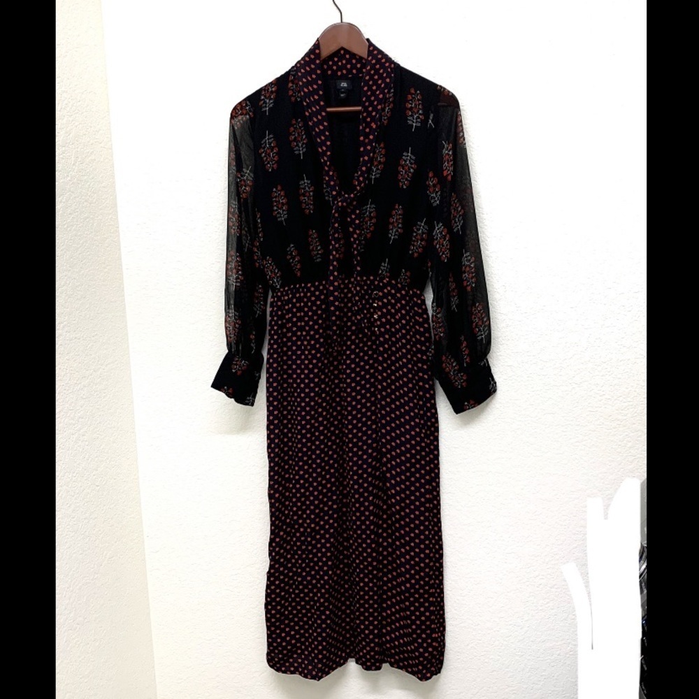 River Island tie neck navy midi dress with dainty red flowers. Size 8
